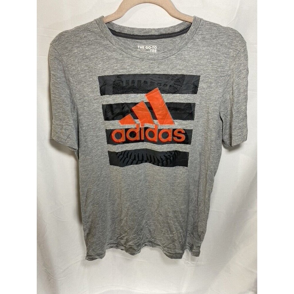Adidas Shirt Boys Large Grey Spell Out Orange Logo Pullover Tee Kids Youth